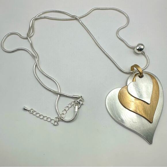 Oversized Silver Tone Heart Pendant Necklace layered Snake Chain Modern Retro - Picture 3 of 9